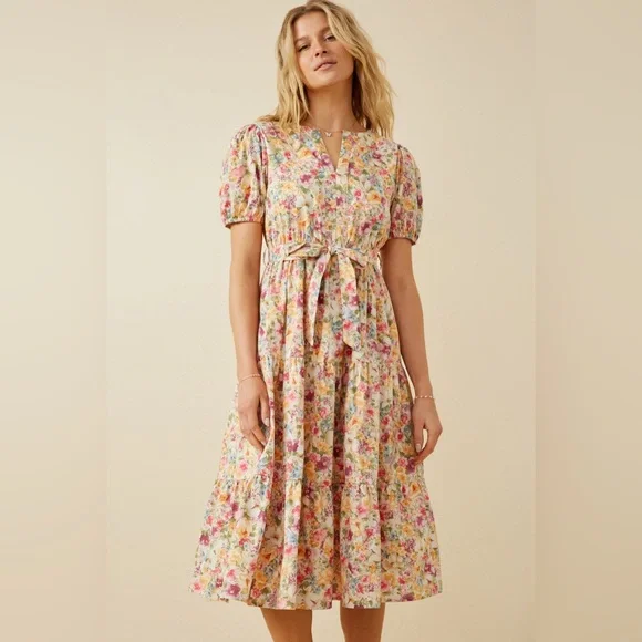 Hayden Los Angeles floral print belted tier poplin midi dress easter - Picture 3 of 11